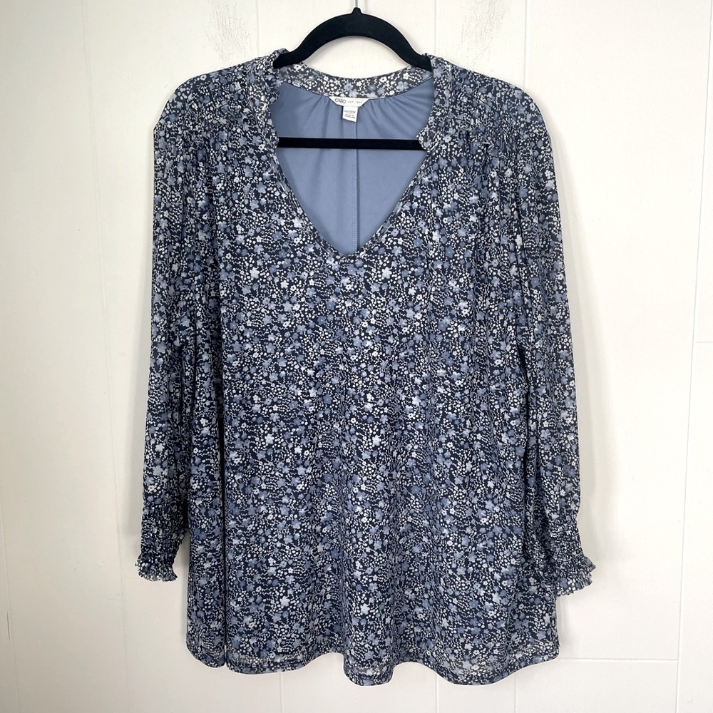 Women's Blue Floral V-Neck Blouse